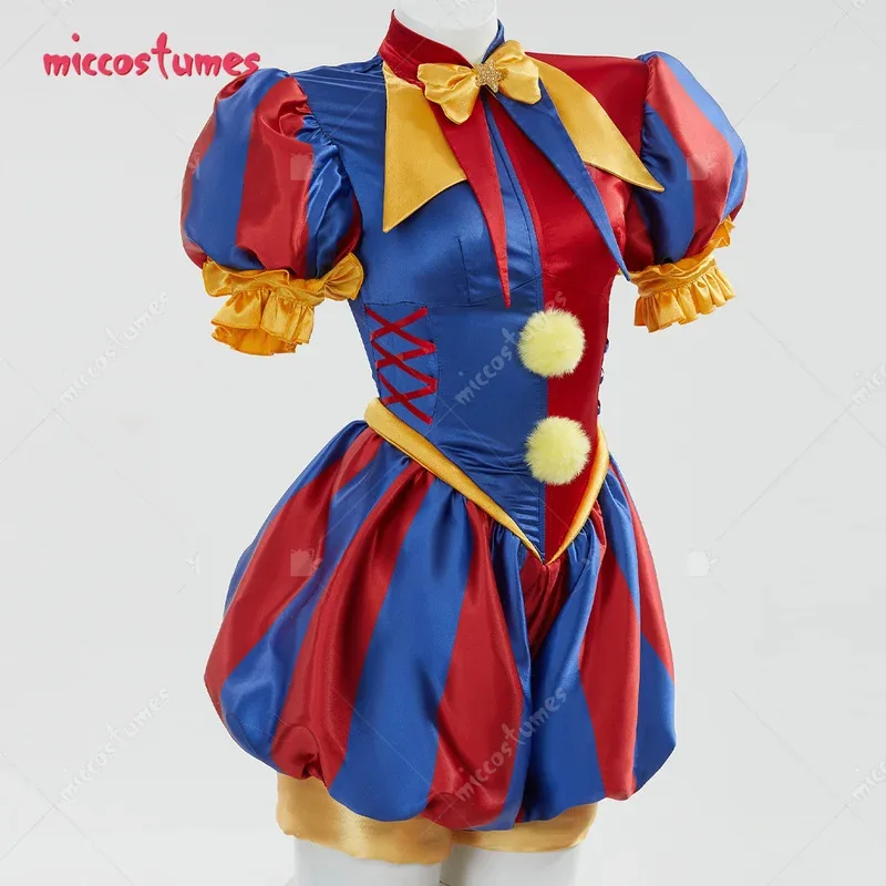 

CyMiccostumes Women Clown Cosplay Costume Jester costume Blue Red Jumpsuit and Hat with Gloves and Socks
