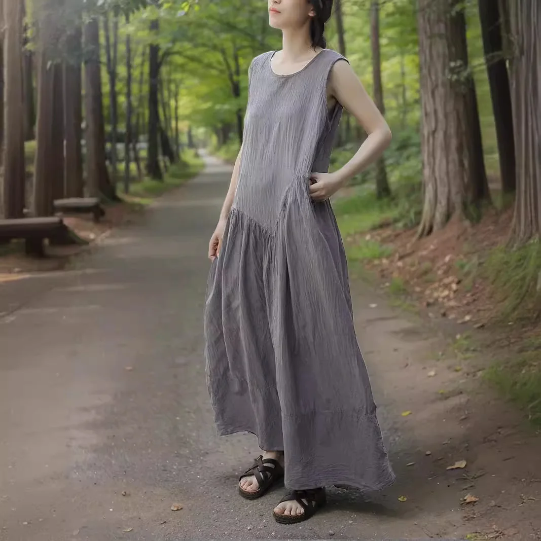

Summer combed cotton bamboo pattern literary vest long dress elegant texture back collar lace-up dress fashion casual simple tem