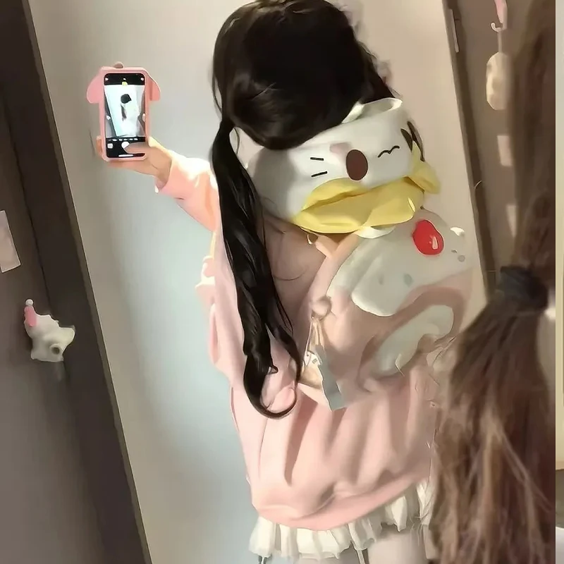 Y2K الحلو التطريز لطيف Harajuku أنيمي القط جاكيتات طويلة الأكمام سترة معطف المرأة ربيع جديد هوديي طالب بلوزات هدية