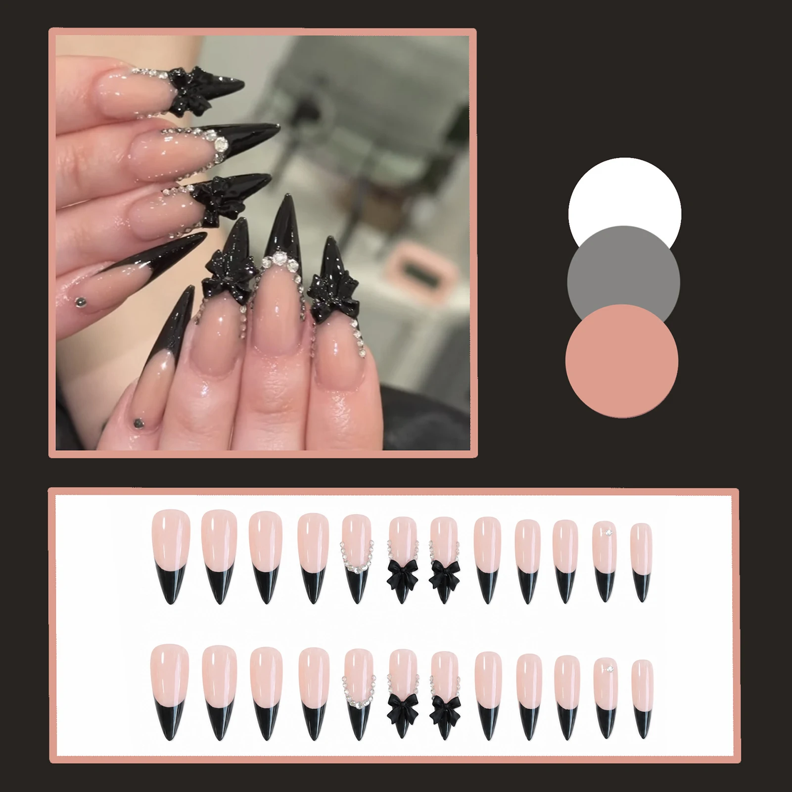 24Pcs Long Stiletto Fake Nails Black French Press On Nails 3D Bowknot Decor Shiny Rhinestone Acrylic False Nails Patches