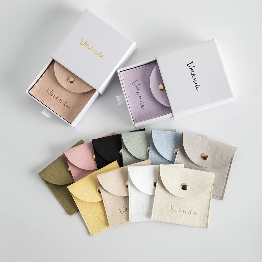 100Pcs Custom Logo White Paper Jewelry Packaging Boxes Wedding Gift Earrings Rings Drawer Box Small Microfiber Velvet Snap Bags