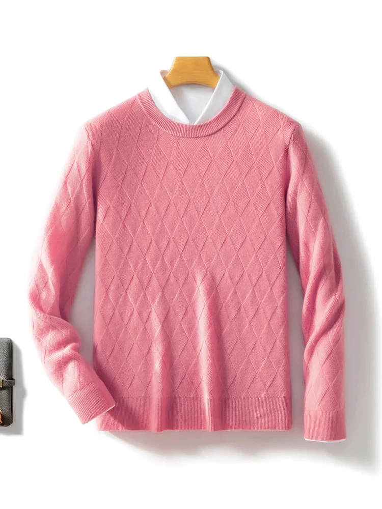 Sweater wol kerah O pria, atasan rajut wol lengan panjang Pullover dasar kasual Rhombus 100% musim gugur musim dingin