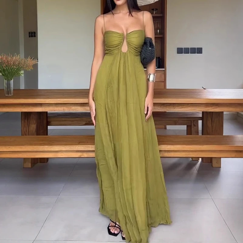 Abito lungo con bretelle senza maniche per le vacanze estive Abito da sera sexy con pieghe senza schienale e taglio basso Abito elegante da donna a vita alta per il tempo libero