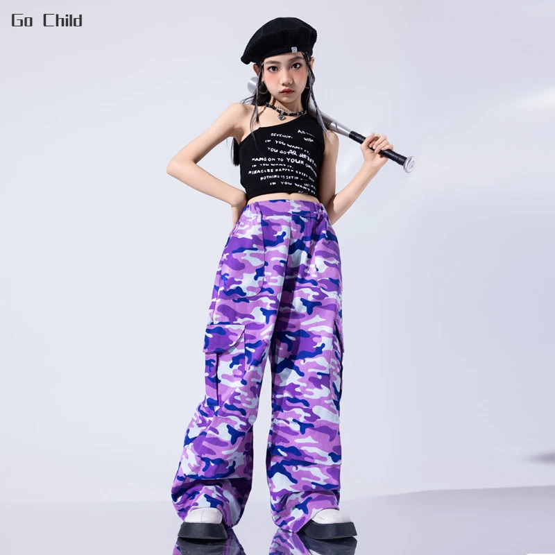 Girls Hip Hop Crop Tank Top Purple Camouflage Cargo Pants Kids Street Dance Jazz Beret Costumes Children Streetwear Clothes Sets