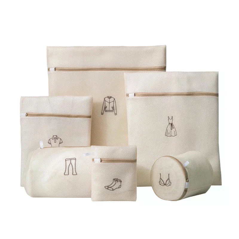 Laundry Bag For Dirty Clothes Fine Mesh Beige Embroidery Thicken Washing Bags Laundry Set For Washing Travel Storage Bag