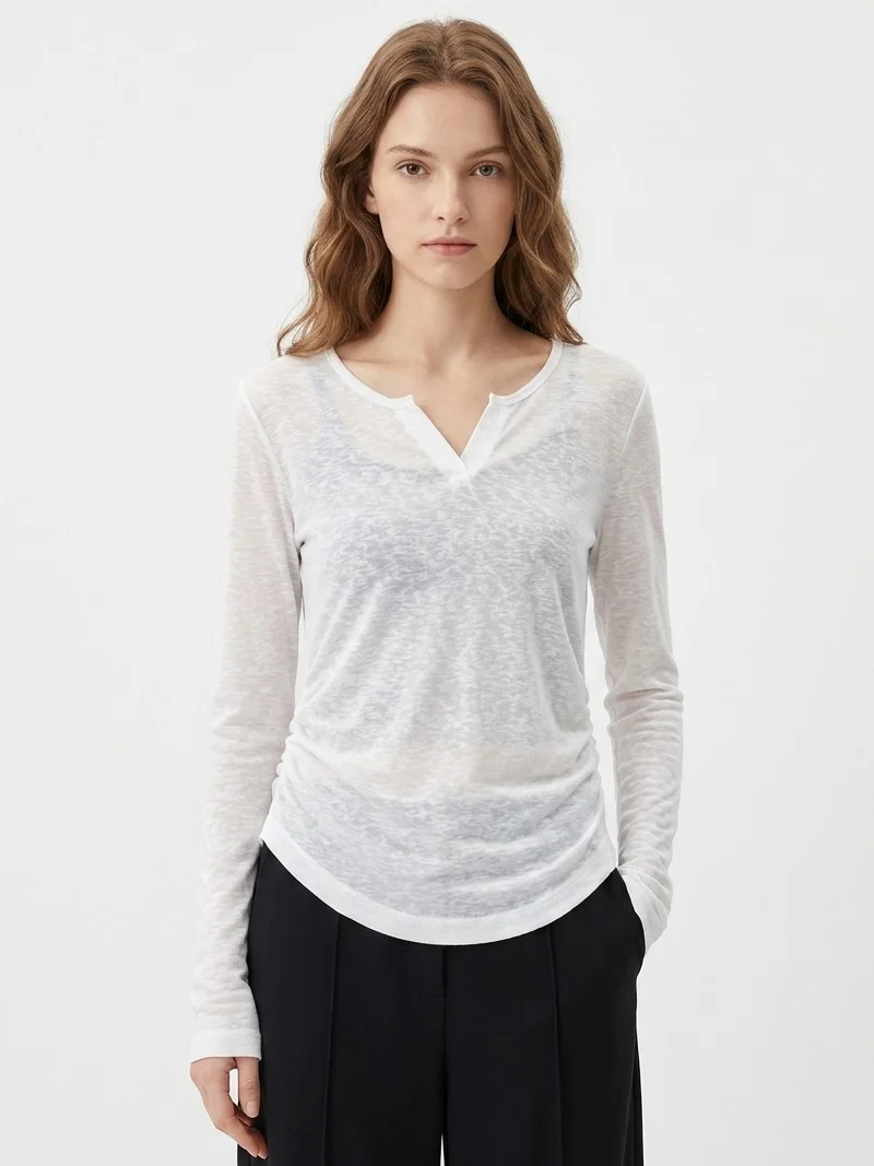 

Relaxed Lyocell Long Sleeve Tops Ruched Light Weight T-Shirt Summer See Through Pullovers