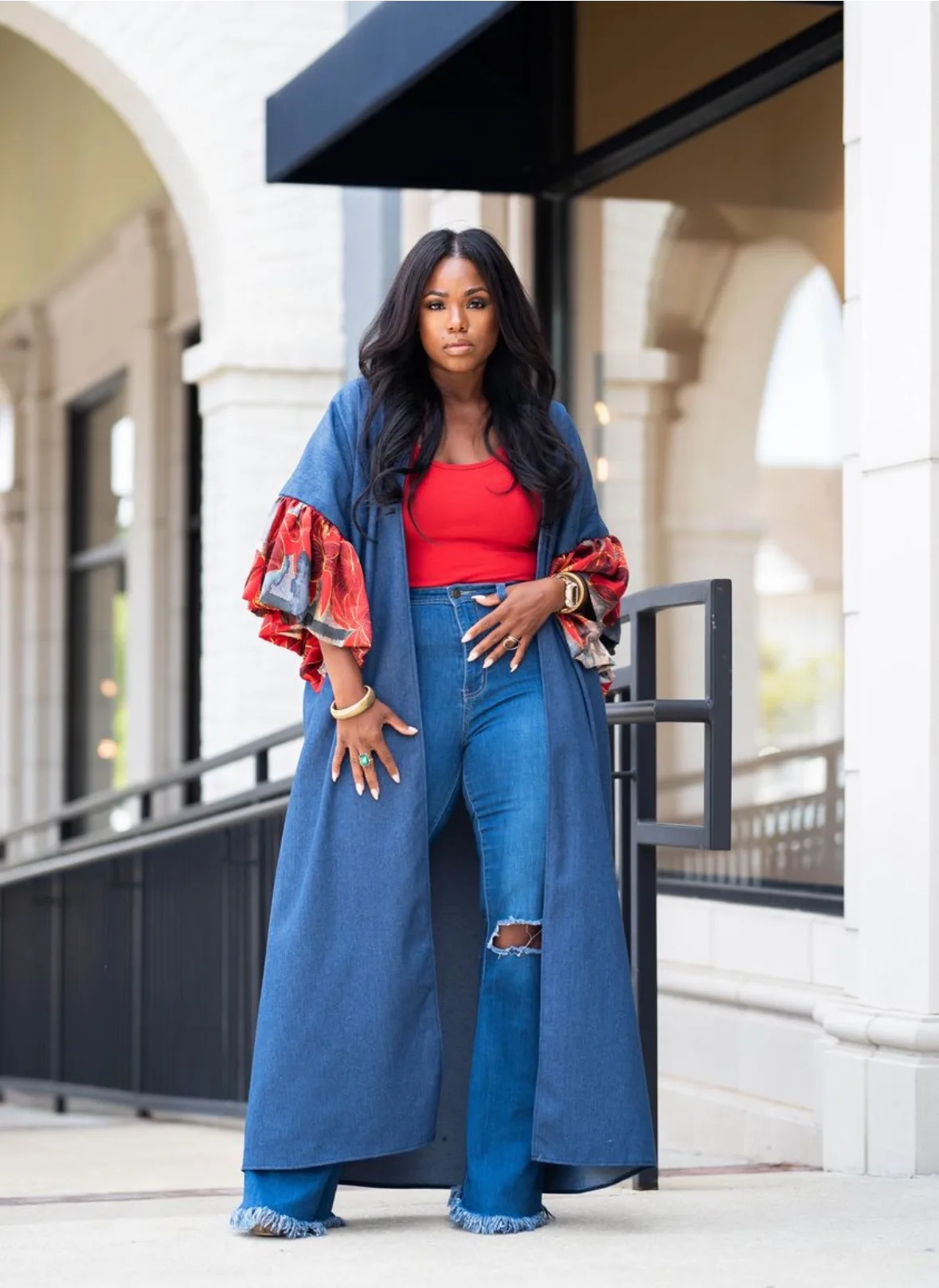 Europe Fashion Demin Blue Open Front Cardigans African Women Streetwear Ruffle Sleeve Duster Coat Muslim Outlets Long Duster