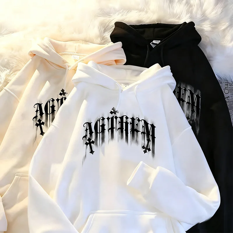 Hip Hop Hooded Sweatshirt for Women Winter Fashion American Letter Print Pullover Hooded Velvet Street Oversize Women's Clothes