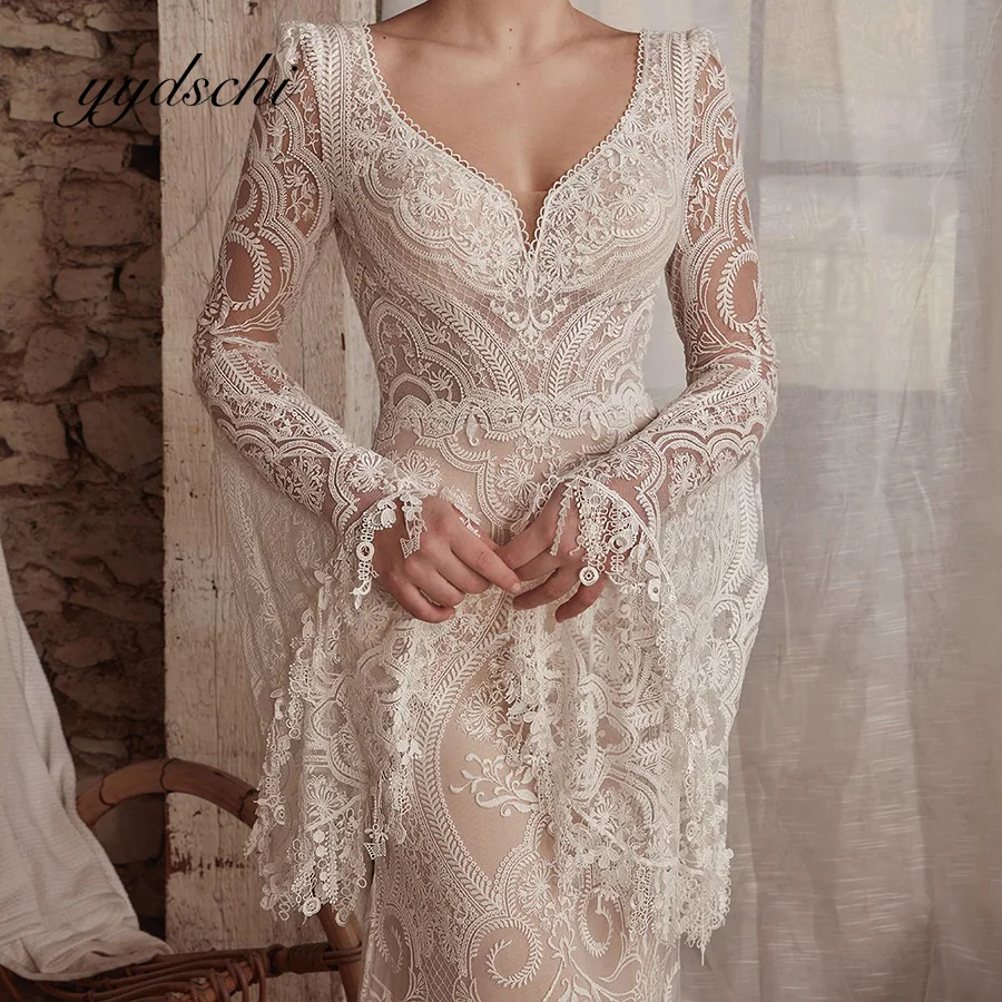 

Exquisite Flare Sleeve Wedding Dress for Women Sheath Illusion V-Neck Lace Bridal Simple Floor Length Backless Dresses Beach