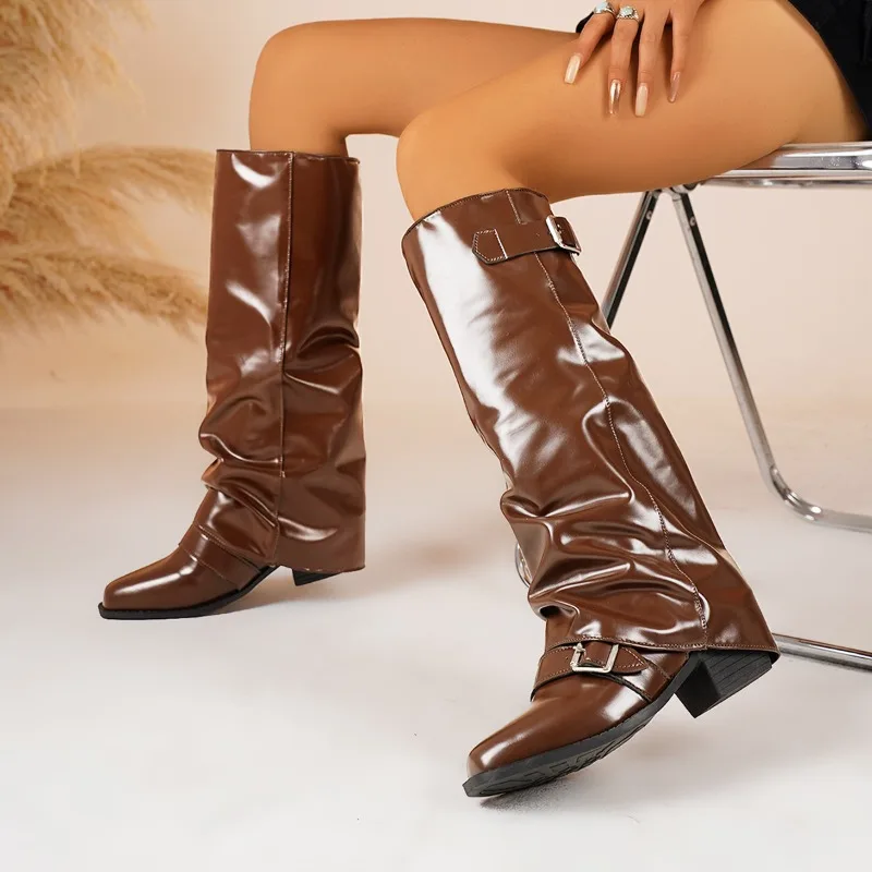 

Vintage Knee High Boots Thick Heeled Woman Long Boots Shoes 2025 Spring Autumn Ladies Leather Elegant Belt Buckle Knight Botas
