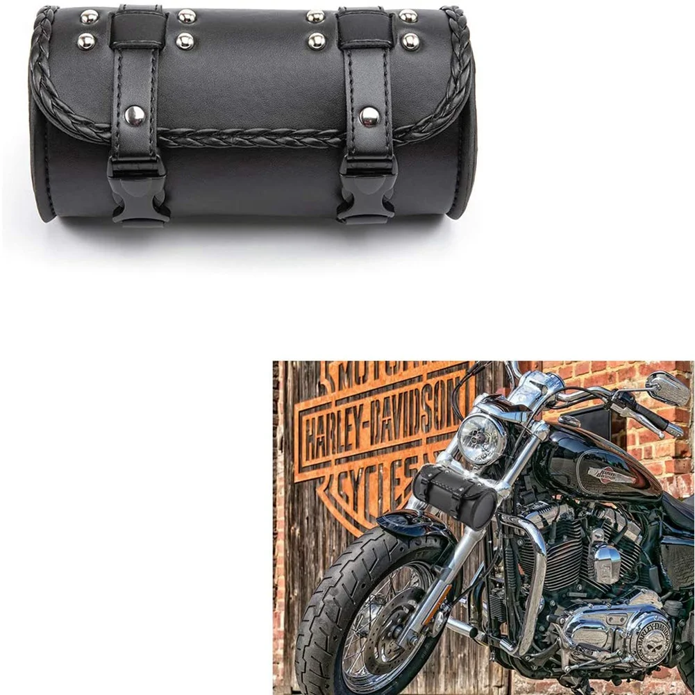 Motorcycle Fork Bag PU Leather Bicycle Handlebar Tool Pouch Sissy Bar Roll Storage Bag Saddle Bag,