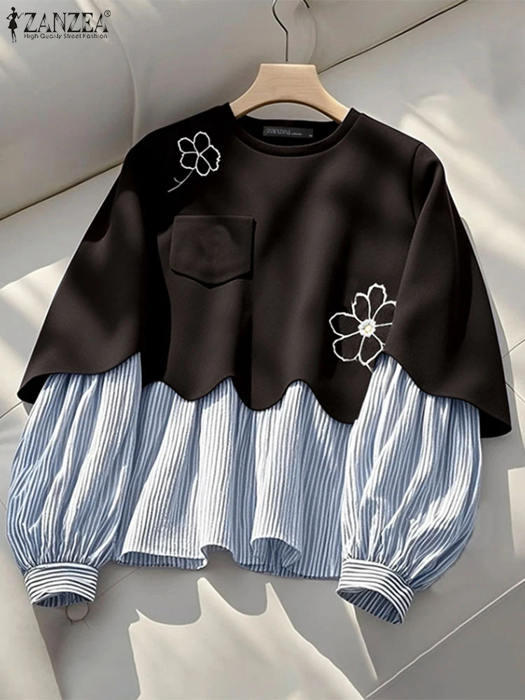 

Stylish Women Sweatshirts ZANZEA Casual Long Sleeve Autumn Hoodies Spring Striped Patchwork Pullovers Embroidered Hoodies Mujer