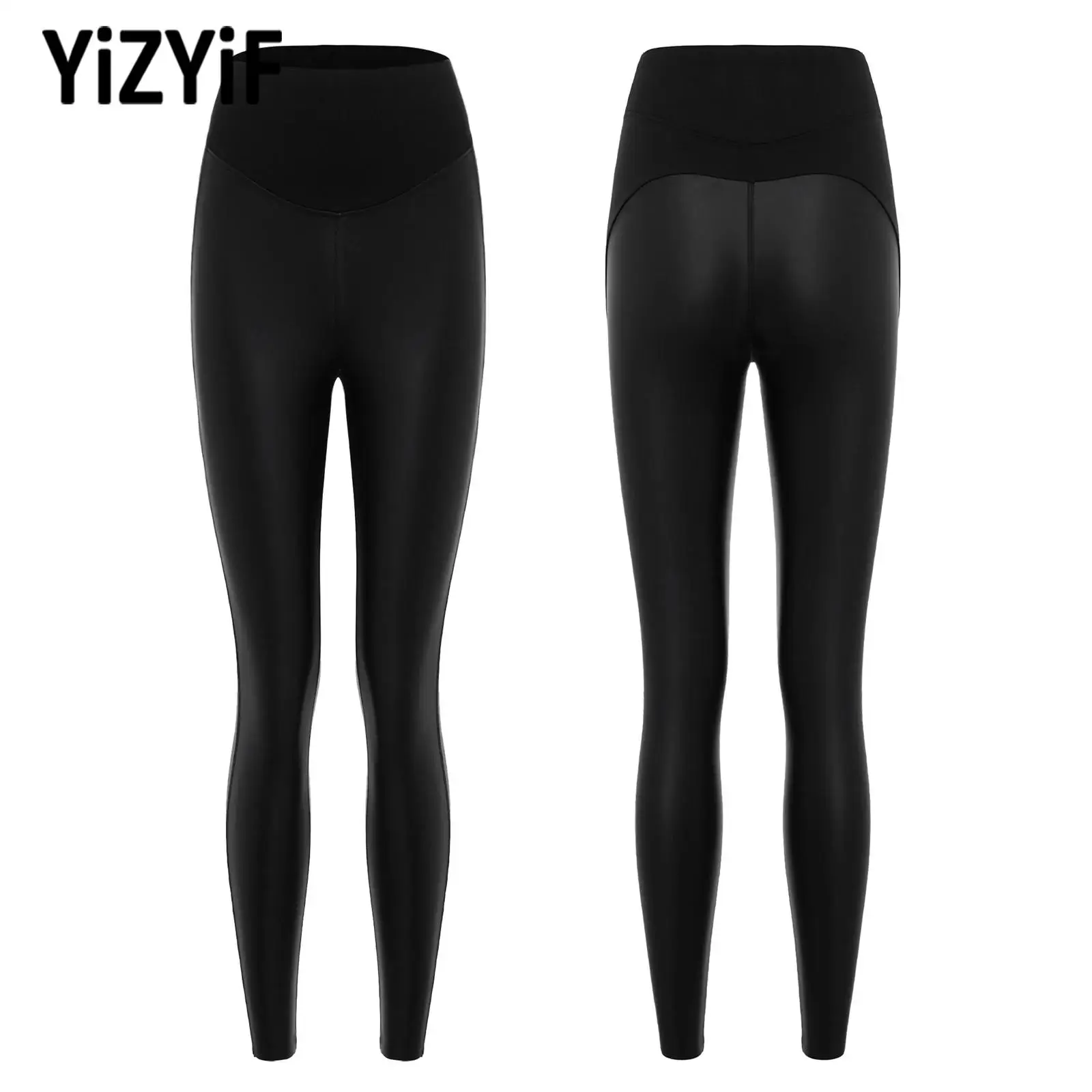 

Gym Pants for Womens PU Leather Yoga Pants Pilates Sports Workout Clothes Ladies High Waist Thin Fleece-Lined Stretchy Leggings