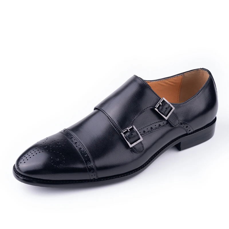 Male Monk Strap Loafers Black Original Design Business Brogue Slip-on Fashion Leather Dress Shoes Men Suit for Career Party