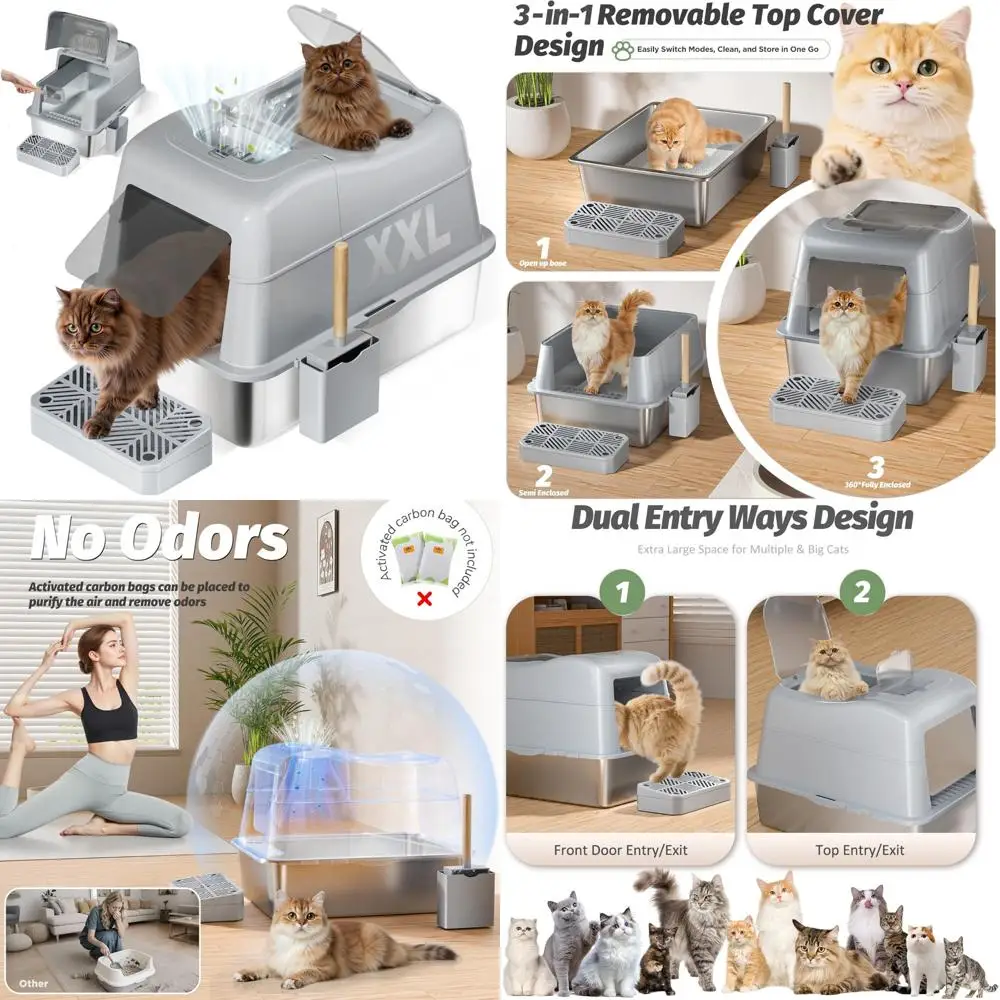 Caja de arena cerrada de entrada superior XXL para gatos grandes con 110 °   Características de tapa abatible y desodorización