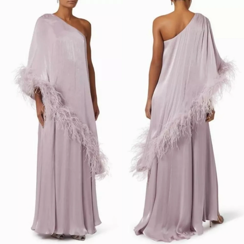 Customized   Chiffon Draped Feather Celebrity A-line One-shoulder Bespoke Occasion Gown Long Dresses