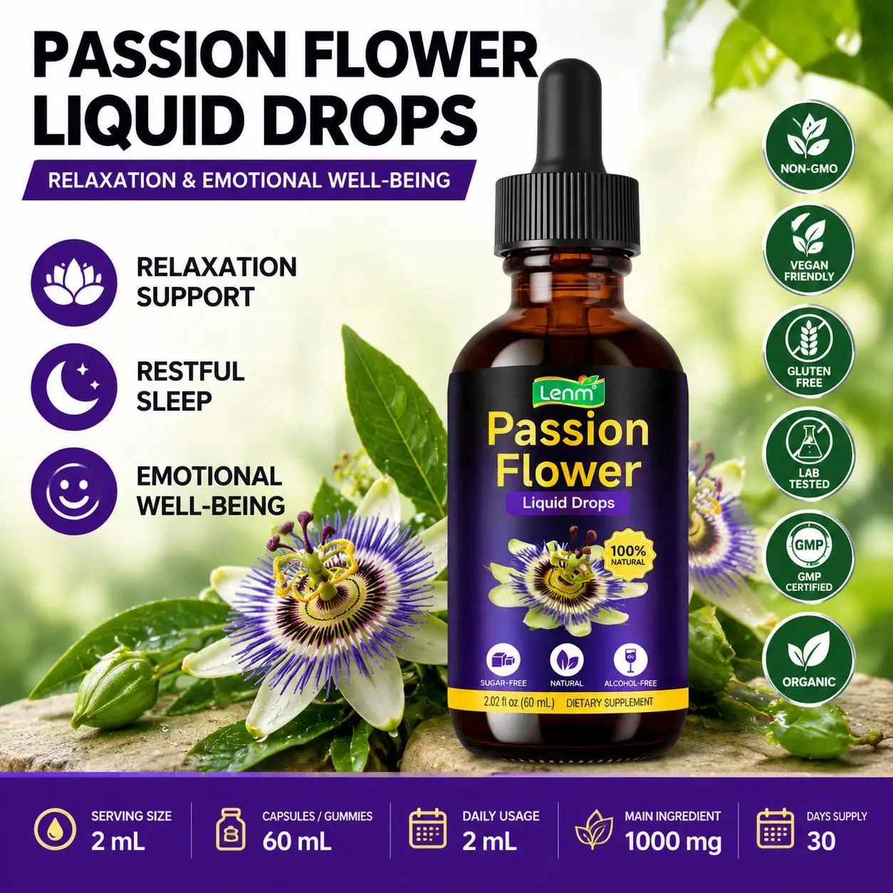 Passion Flower Liquid Drops, Herbal Supplement for Relaxation Restful Sleep Support, Alcohol Free Sugar Free Vegan Formula, 60ml