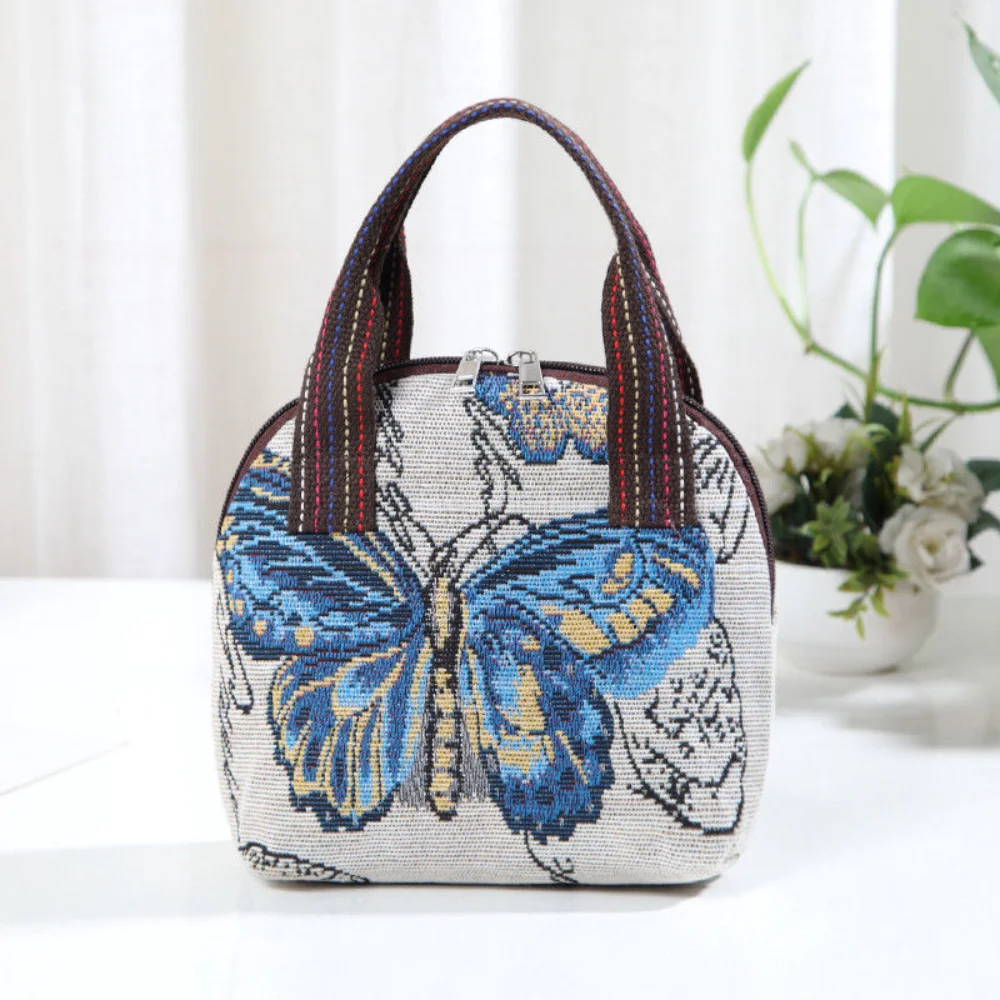 ISKYBOB Women Ethnic Handbags Travel Handle Zipper Canvas Tote Retro Animal Butterfly Elephant Owl Embroidery Cloth Coin Bag