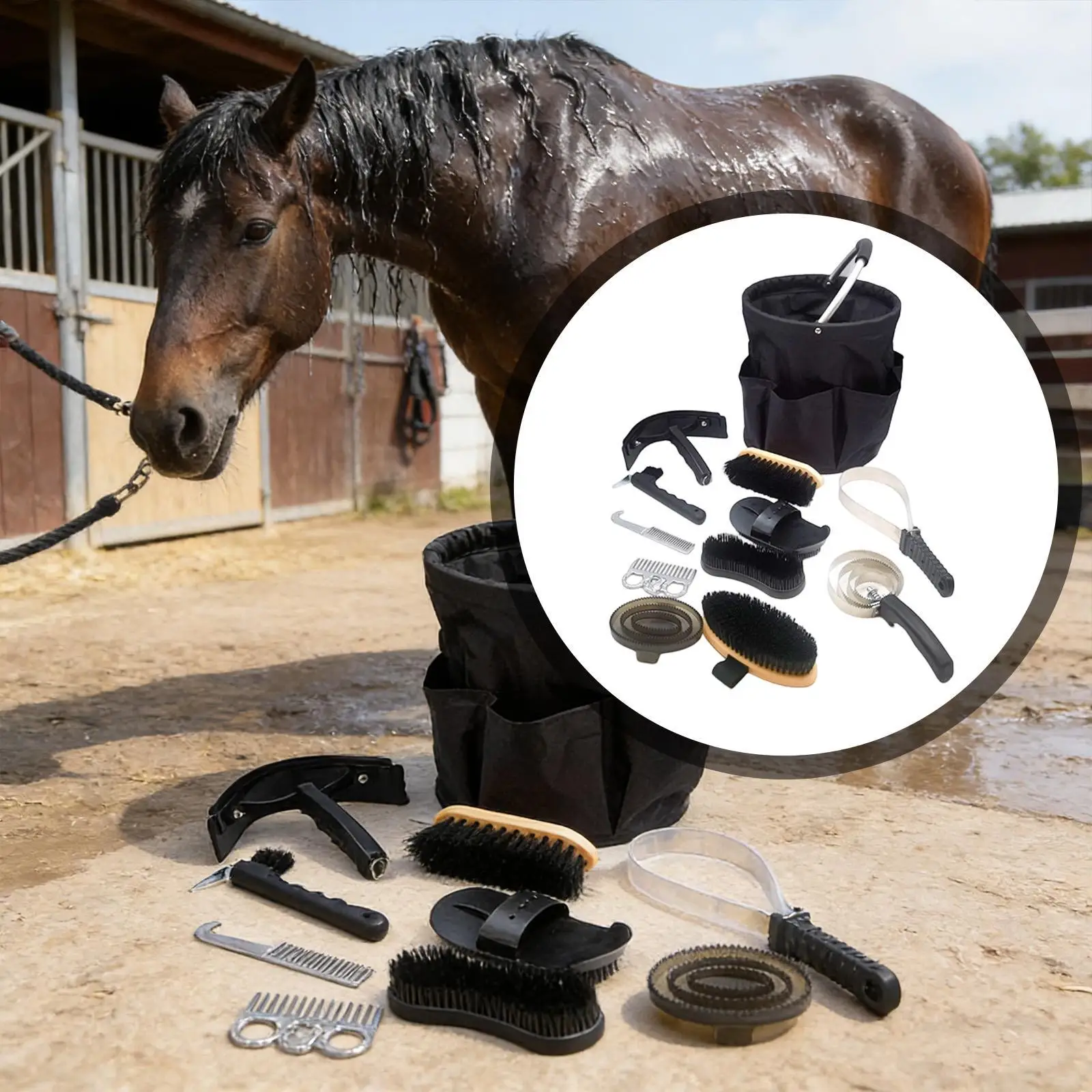 12点入り馬用グルーミングキット、カレーコーム、蹄ピック、ブラシ、ケア用品ギフト、馬用ブラシセット、馬好き、乗馬愛好家、飼い主、毎日の馬の手入れに