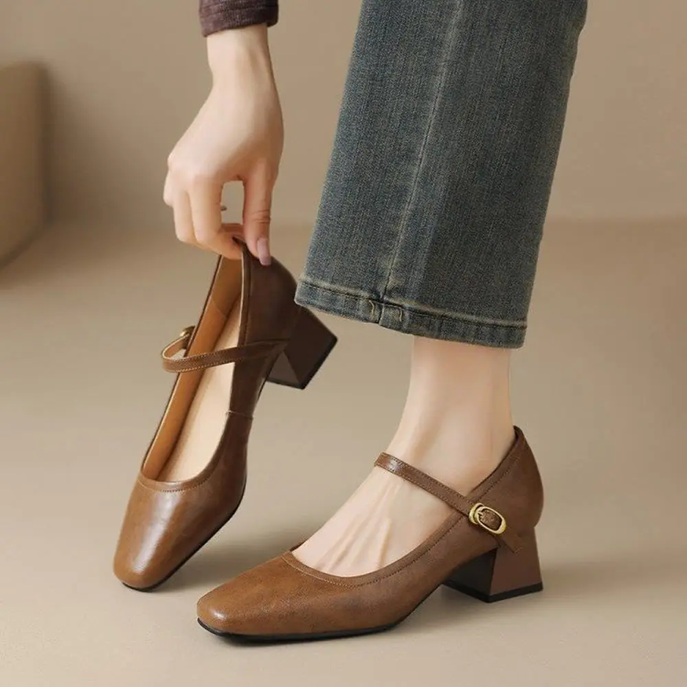 كعب منخفض المطاط بولي PU حذا فردي للسيدات الكورية نمط أحذية مسطحة القاع أقل من 3 سنتيمتر كعب مربع الانزلاق على الأحذية لارتداء اليومي #2