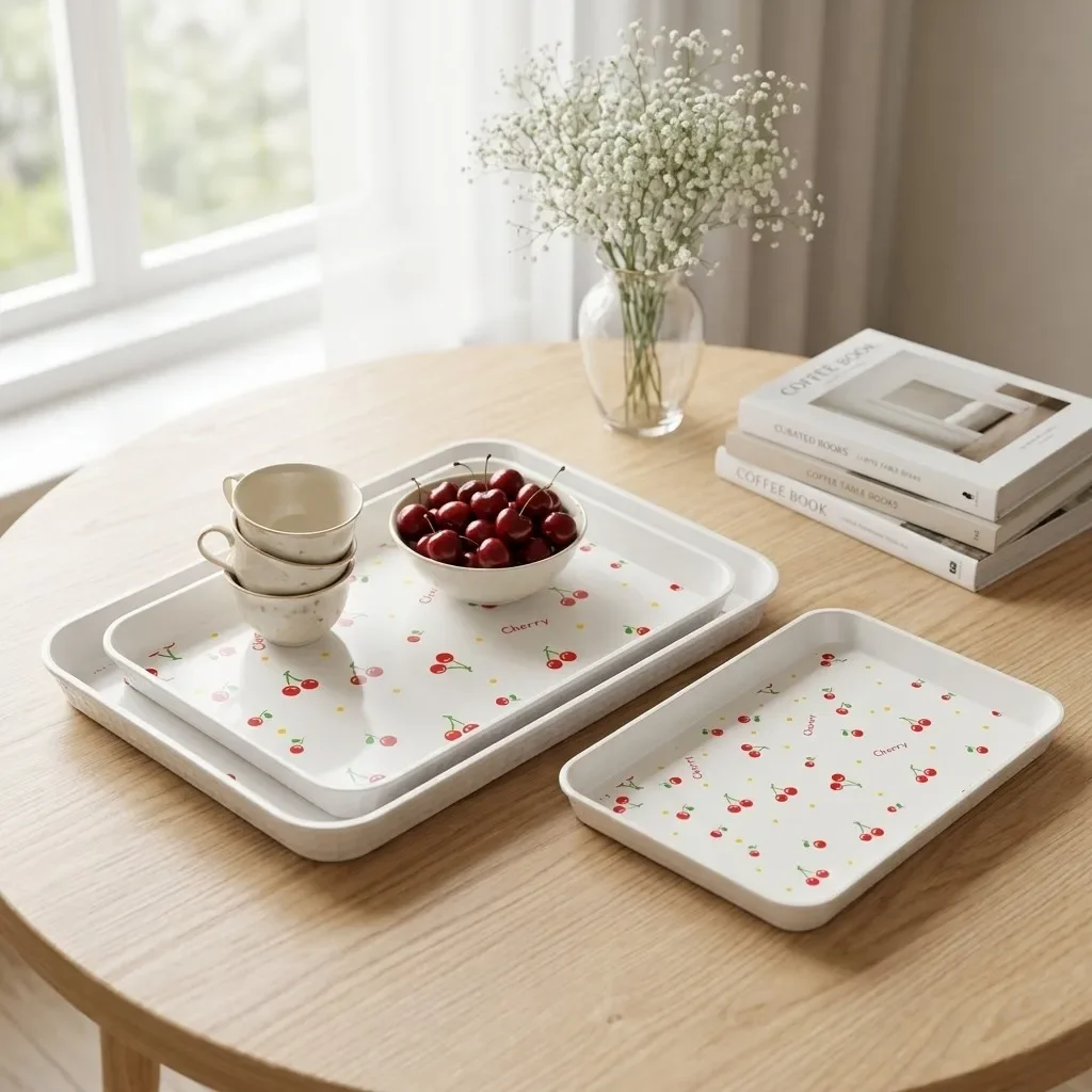 Plastic Serving Tray Cherry Stackable Non-slip Rectangular Food Trays For Eating Breakfast Tea Kitchen Tableware Serving Dishes