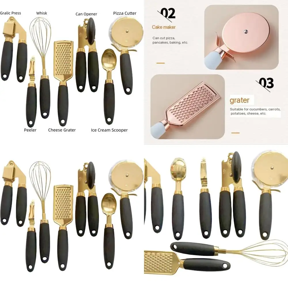 

Elegant 7-Piece Gold & Black Kitchen Utensil Set with Non-Slip Grip and Premium Accessories