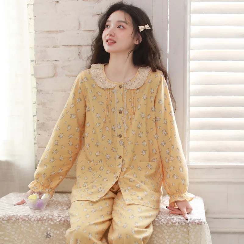 

Осенне-зимняя новая женская одежда для сна из чистого хлопка с длинными рукавами, японская милая зимняя домашняя одежда, комплект из двух предметов