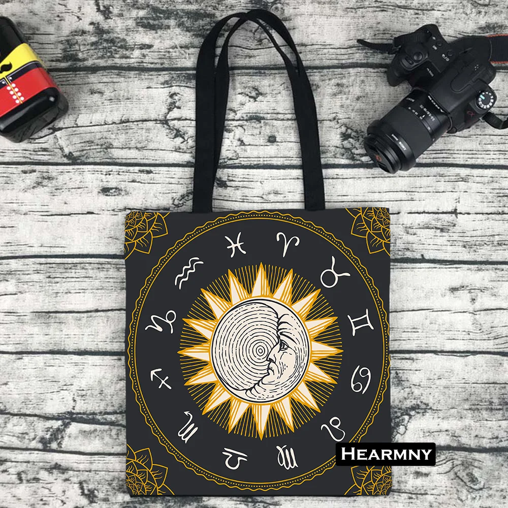 Mandala White Black Sun and Moon Print Linen Totes Bag Tarot Hippie Eco Shoulder Bag Shopping Bolsa Shopper Summer Bag