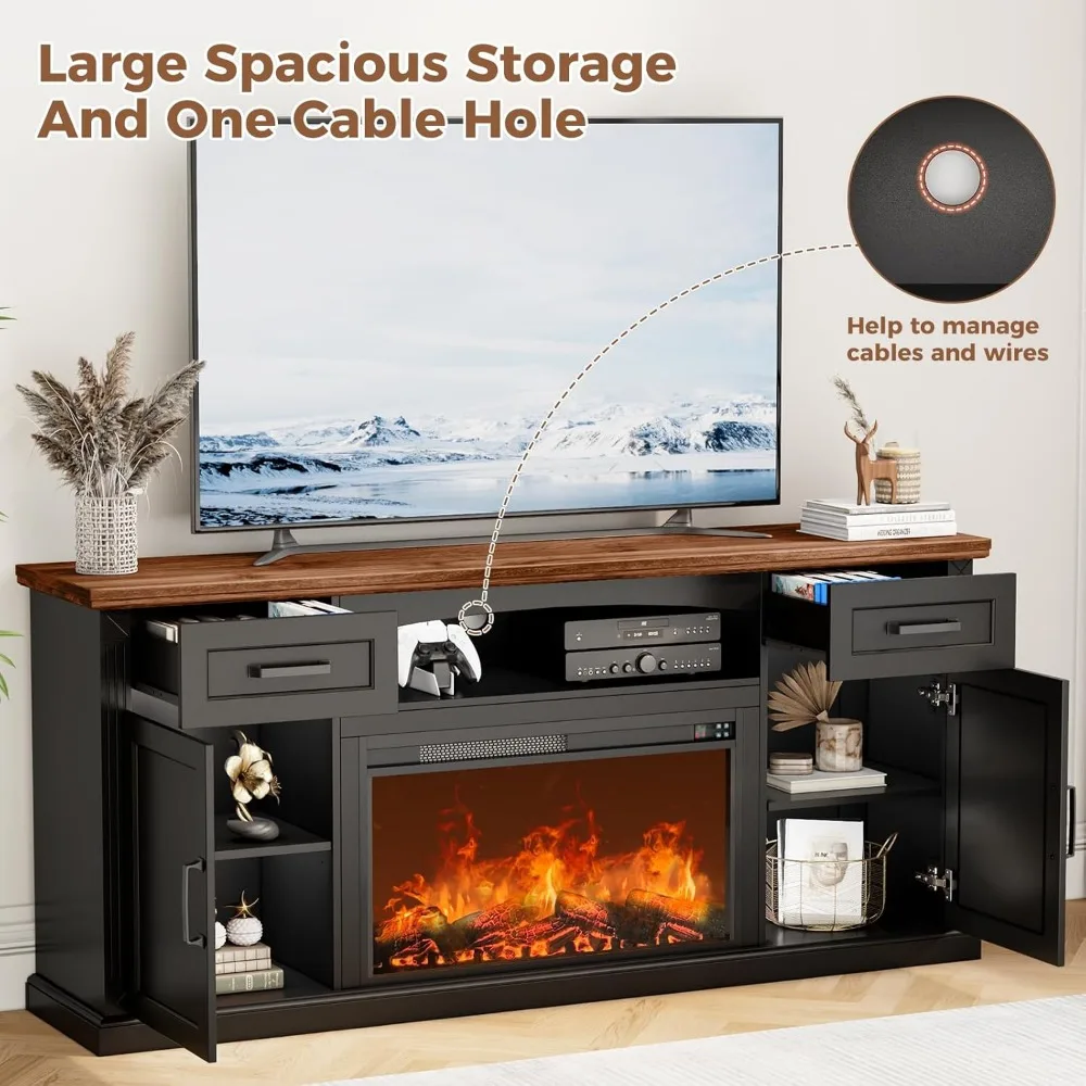Centro de entretenimiento con chimenea eléctrica para televisores de 70 a 80 pulgadas, soporte para TV estilo granja de 32 altos con fuego eléctrico