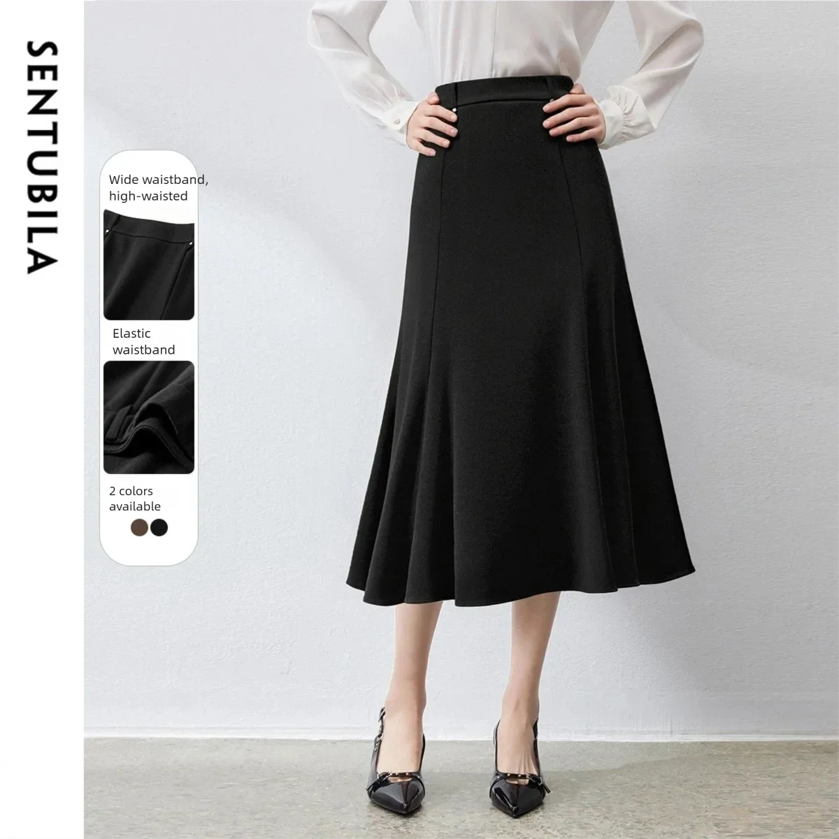 

SENTUBILA Women's Black Skirt 2026 Spring High Waist Rivet Decor Flowy Hem Knit Midi A-Line Skirts Office Lady Bottom 154QA3634X