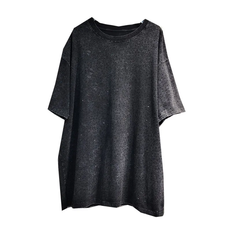 American Retro Washed and Worn Mid-Length Heavy Industry Full Diamond Niche Short-Sleeved T-Shirt for Women Summer Loose Top