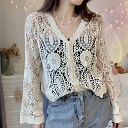 Sexy V-neck Hollow Out Crochet Lace Cardigan Women Spring Summer Long Sleeve Lace Shirts Korean Style Girls Beige White Crop Top