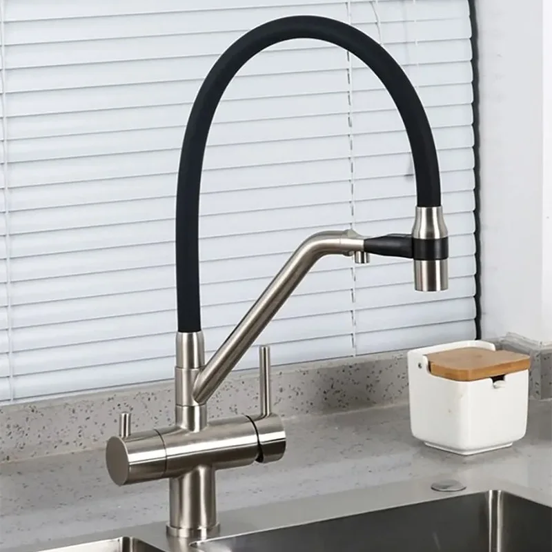 Creative Full Copper Faucet Dual Handle Dual Control Mixing Kitchen Faucet Full Copper Cold Hot Pure Water Faucet