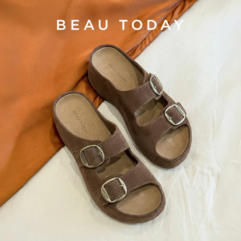 

BEAUTODAY Casual Sandals Women Cow Suede Solid Color Double Buckle Strap Thick Sole Slippers Ladies Shoes Handmade MS3D138