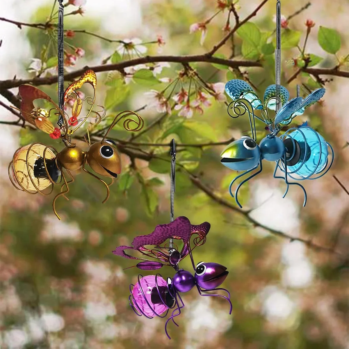 Solar Iron Insect Statue With LED Fairy Light Outdoor Waterproof Hanging Tree Ornament For Fence Yard Courtyard Garden Art Decor