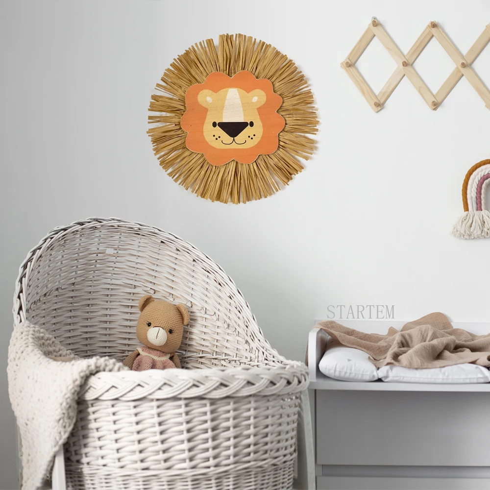 Cute Baby Room Decoration Nordic Animals Cartoon Lion Tiger Nursery Decor Handwoven Baby Girls Boys Room Wall Hanging Decoration