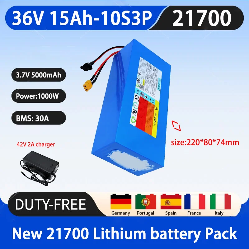 New 36V 15Ah 21700 10S3P Lithium ion Battery Pack 1000W Power Tool Battery Outdoor Backup Battery with 30A BMS+42V 2A Charger