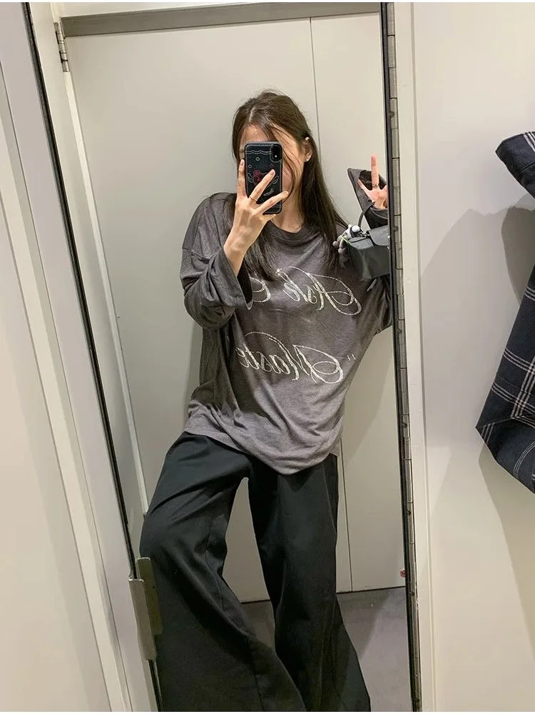 HOUZHOU Oversized Gray T-shirts Women Korean Style Long Sleeve Tees Letter Rhinestone Thin Tops Casual Vintage Harajuku Fashion