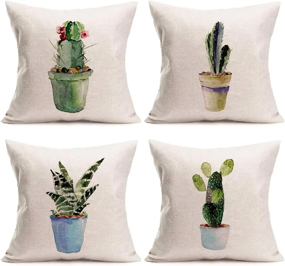 Spring and Summer Green Plant Pillow Cover Cactus Succulent Bonsai Decoration Linen Square Outdoor Cushion Cover Sofa Pillowcase