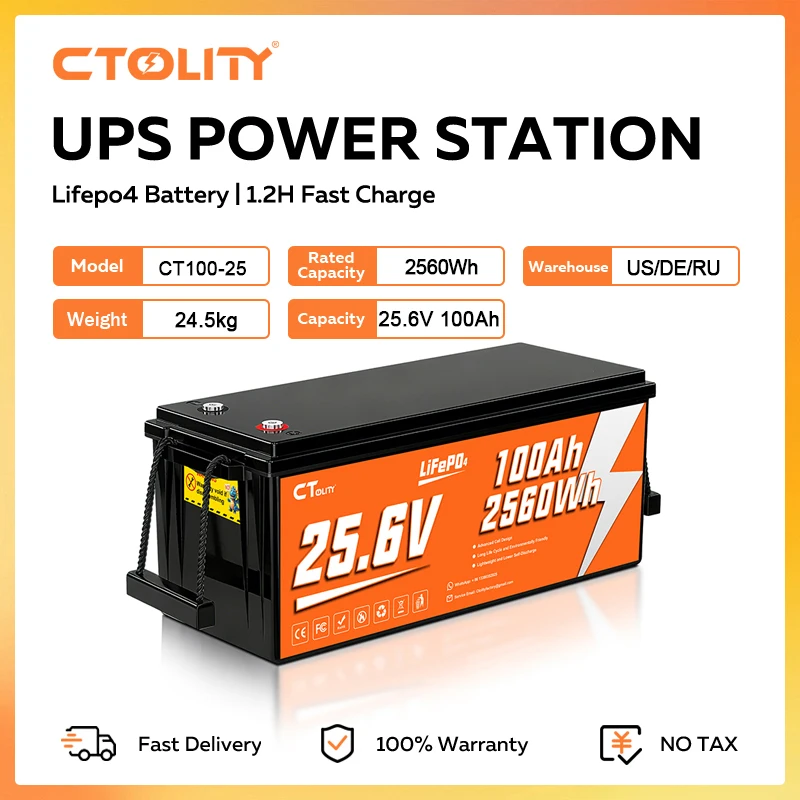 

CTOLITY 25,6 В LiFePO4 батарея 2560 Втч аккумуляторные батареи 4000 + цикл 100A BMS для лодки на колесах солнечный генератор CT100-25 Fish Finde