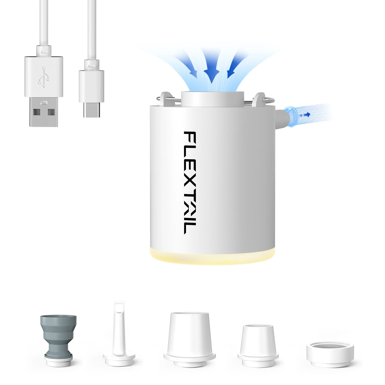 FLEXTAILGEAR KLEINE POMP X2024 | Ultralichte oplaadbare luchtpomp met campinglamp voor zwembaddrijvers, luchtmatras en vacuümzakken