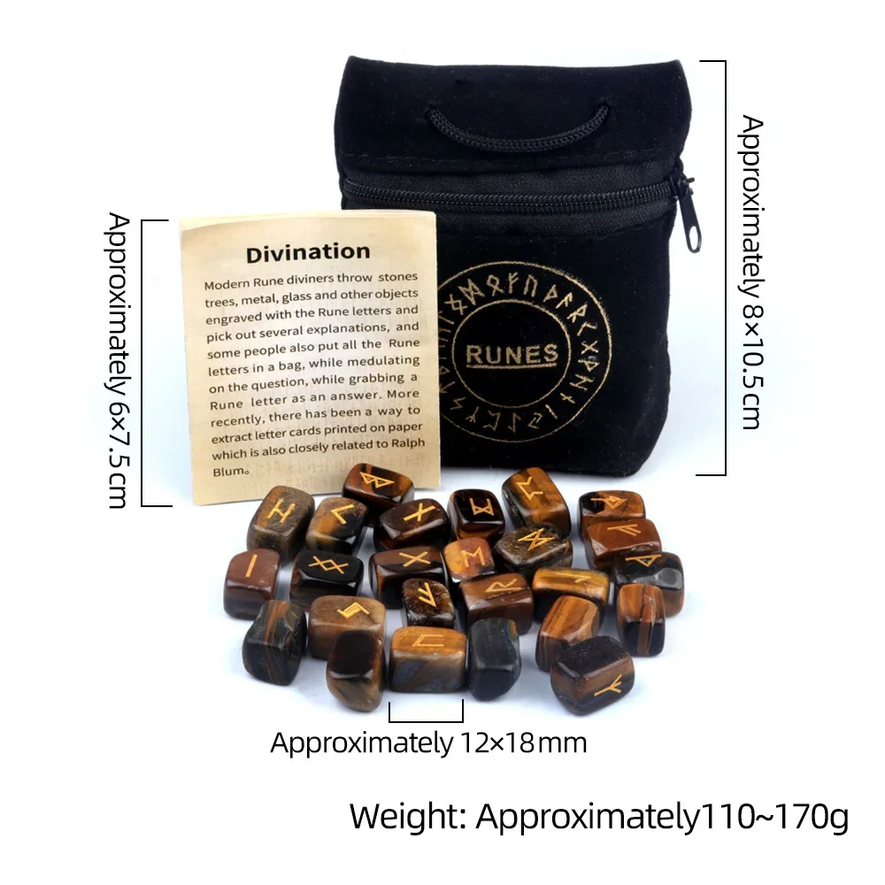 25Pcs Natural Tiger's Eye Rune Stones Set Engraved Elder Futhark Viking Alphabet Runes Gemstone Chakra Balancing Reiki Healing
