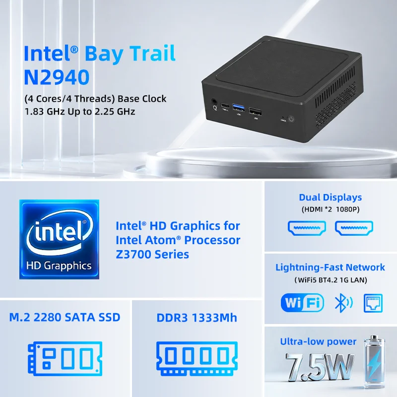 TexHoo Mini PC Intel Celeron N2940 16GB RAM 512GB SSD WIFI5 BT4.0 Windows 10 Desktop Computer 4USB TypeC Dual Display for Office