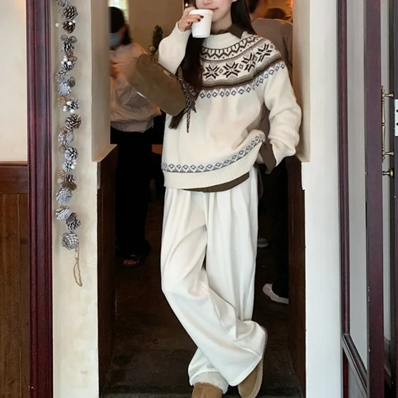 Maglioni pullover da donna Maglioni lavorati a maglia casual Modello geometrico natalizio Maniche lunghe Girocollo Elegante vestibilità ampia 2025 Autunno
