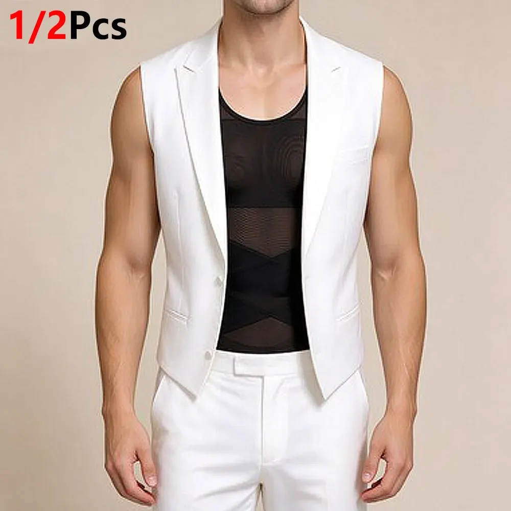 1/2Pcs New Men Breathable Mesh Compression Vest, Sleeveless X-Cross Abdomen Tummy Control Tank Top, Posture Support Body Shaper