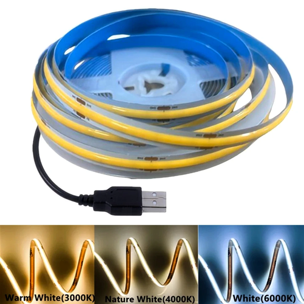 DC 5V USB COB Led Strip Light USB Powered High Density Linear Lighting 320LED/m Flexible LED Strip 3000K/4500K/6500K Colors