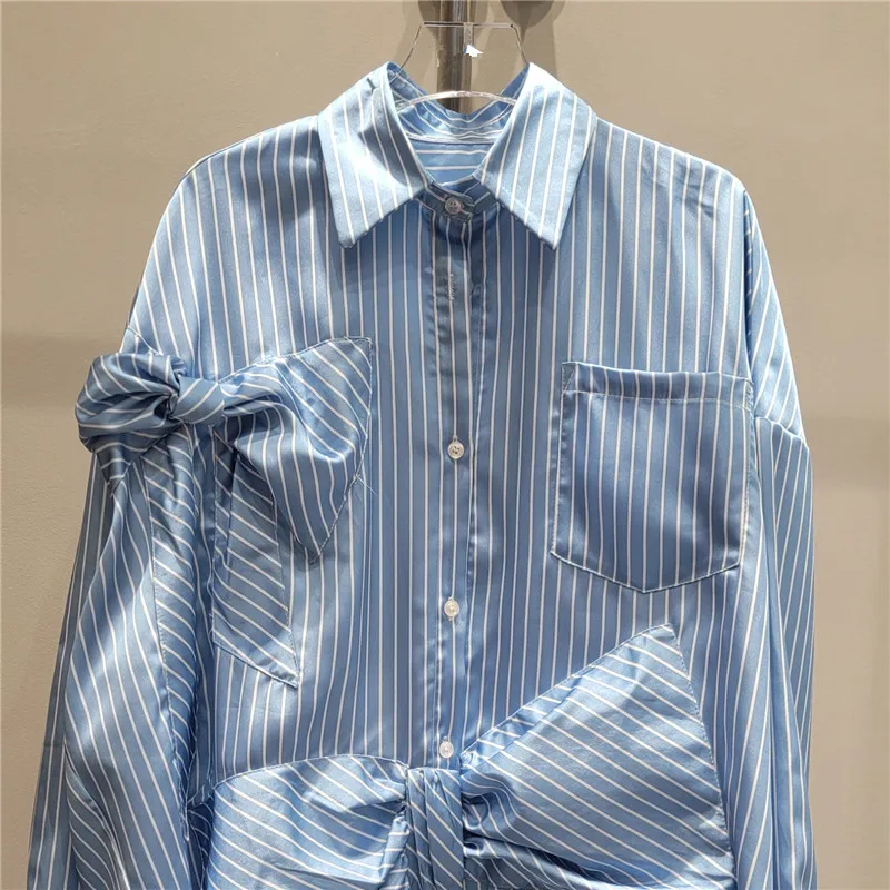 2024 Autumn New Bow Blue Striped Shirt Women High-Grade Korean Style Pocket Decoration Loose and Irregular Top Women Shirt