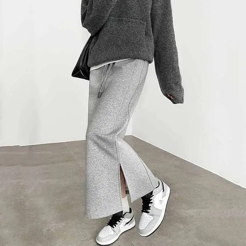 

Женские серые миди с разрезом и эластичной резинкой на талии, повседневные свободные длинные юбки, женская осенне-зимняя утепленная прямая юбка Veet