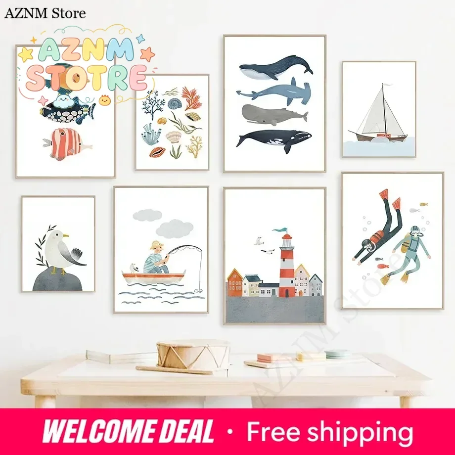 Sailboat Lighthouse Whale Seagull Shell Diver Canvas Painting Posters and Prints Wall Art Picture For Living Room Decoration