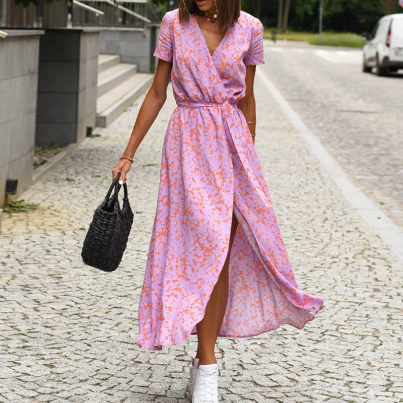 Imagem -03 - Vestido Longo com Estampa Floral Vintage Feminino Cintura com Cordões Decote em v Profundo Manga Curta Vestido de Praia Bohe Plissado Moda Verão